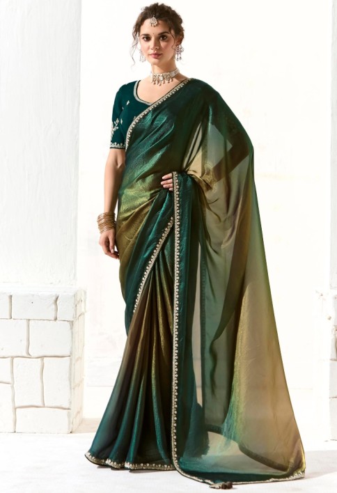 ATTRACTIVE TEAL GREEN BORDER WORK TISSUE SILK FESTIVE WEAR SAREE